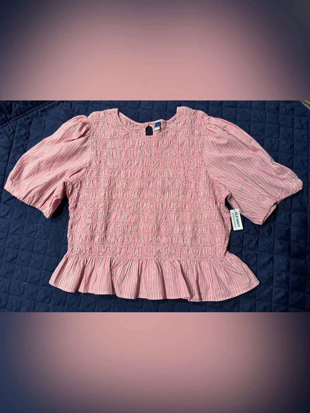 NWT Pink Smocked Peplum Blouse with Stripe Sleeves